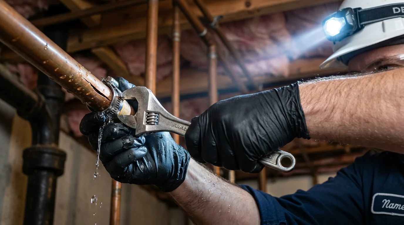 Emergency pipe clamp repair being performed by a Johns Plumbing LLC plumber in Brookings