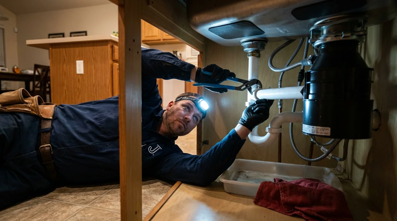 P-trap and supply line connections under a kitchen sink showing a common leak point in Brookings, OR
